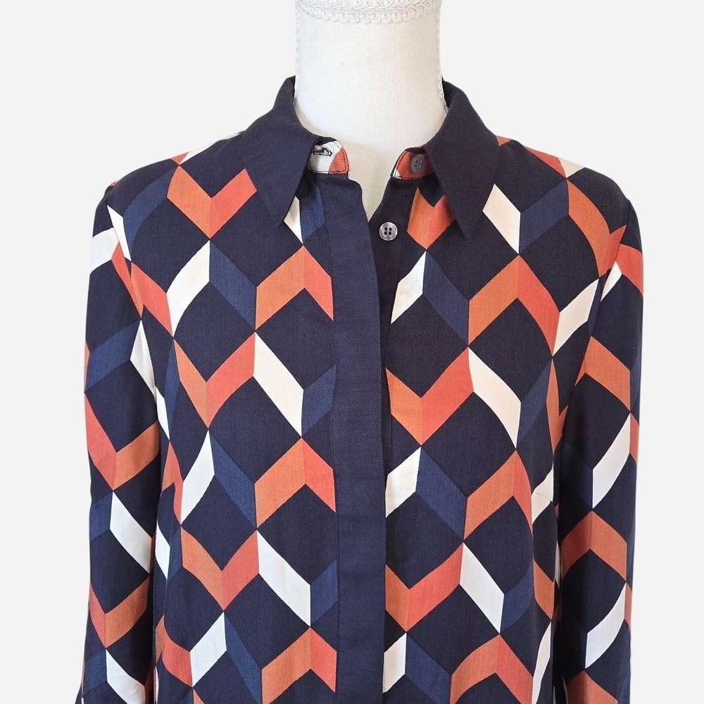 Hobbs Aubery Collared Dress Geometric Retro Diamon Pattern Navy Orange Size 4 - Picture 2 of 9